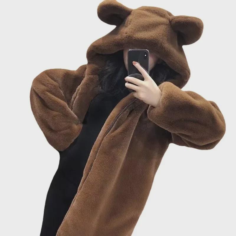 Женское зимнее плюшевое пальто из искусственного меха 2023 года с милыми медвежьими ушками