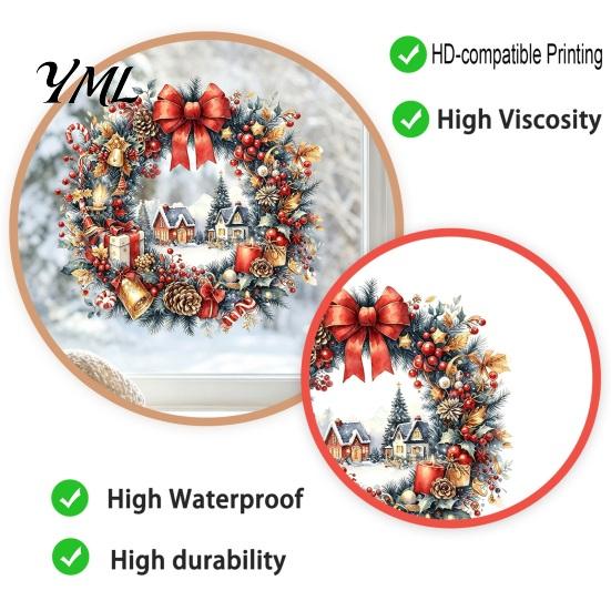 Removable PVC Window Film Watercolor Christmas Wreath Static Cling, Reusable Xmas Sticker with Red Bow Indoor Outdoor Holiday Ornaments Winter