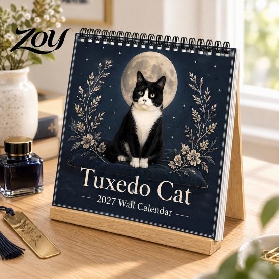 12 Month Office Planner Tuxedo Cats 2027 Wall Calendar, Black And White Cat Photography Spiral Bound Planning Calendar Monthly Hanging for Lovers,