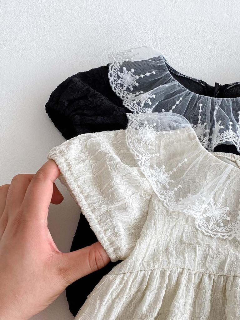 Korean Style Baby Girl Summer Romper with Lace Ruffle & Peter Pan Collar