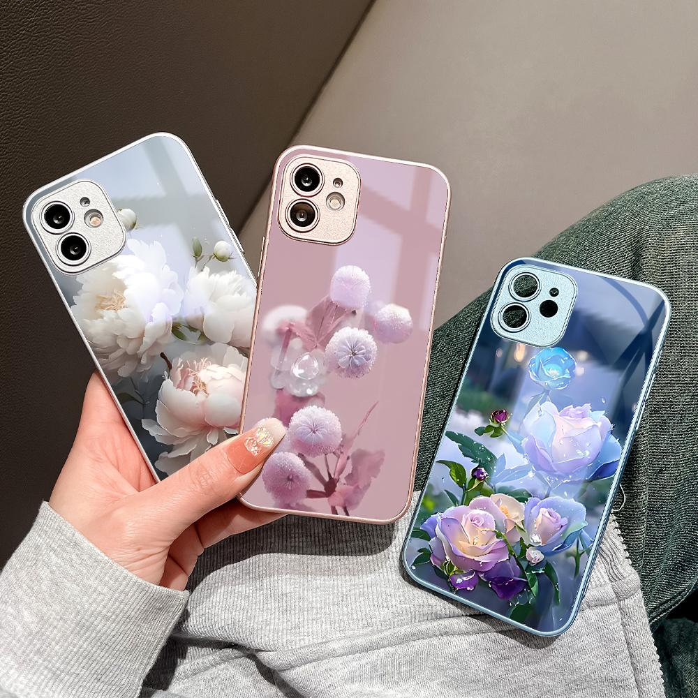 Peony Flower Phone Case Metallic Lacquer Tempered Glass Shockproof Cover for Huawei Honor iPhone OPPO Realme OnePlus Xiaomi Redmi Samsung Vivo