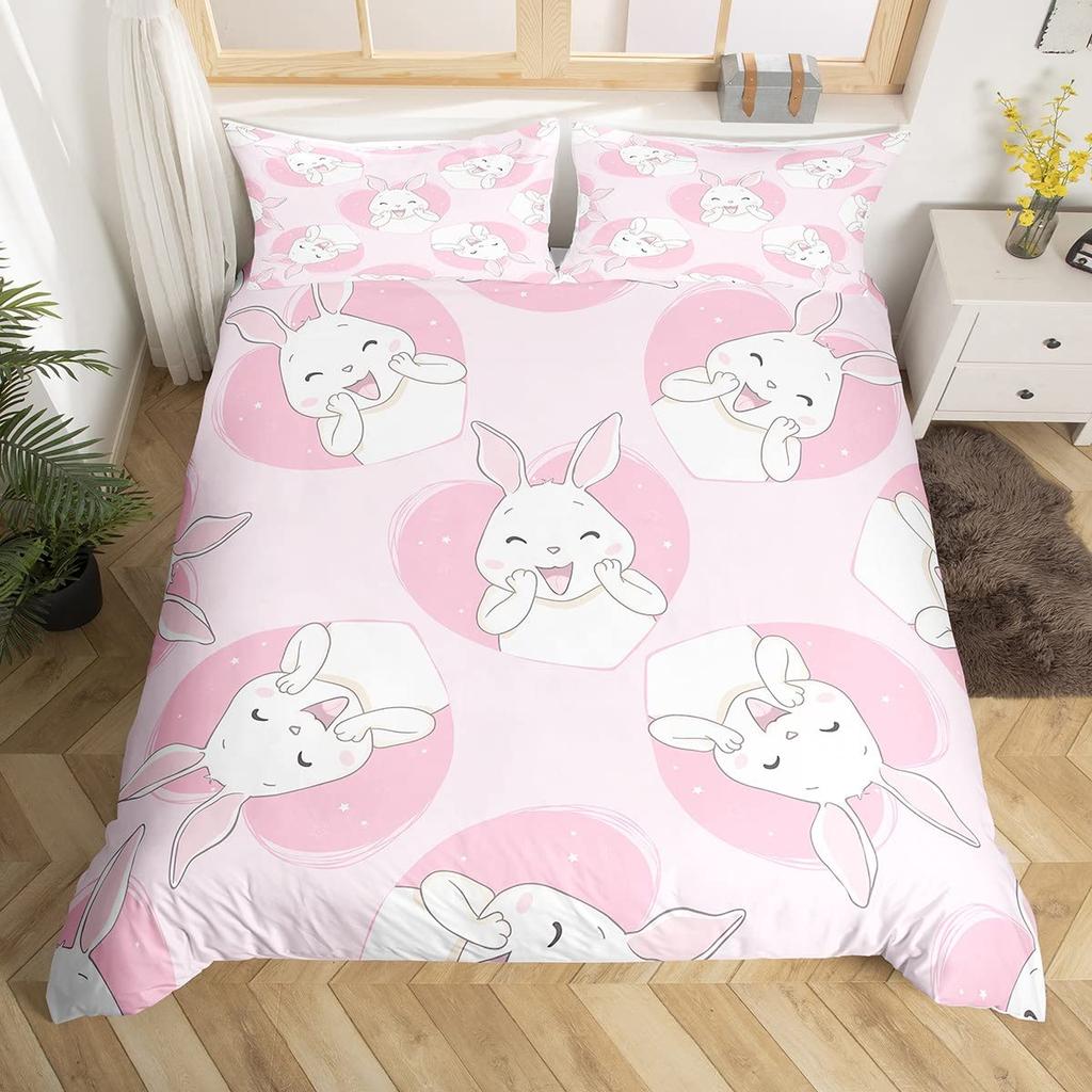 Cute Rabbit Duvet Cover Collection Twin Queen Colorful Flower Bedding Collection Microfiber Botanical Floral Cartoon Animal Comforter Cover