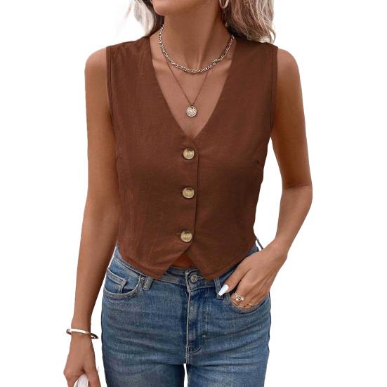 Женский жилет без рукавов с V-образным вырезом и пуговицами, укороченный топ, летняя выходная жилетка, повседневная деловая рубашка