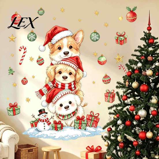 Indoor Christmas Wall Ornaments Decals, Watercolor Stacked Dogs Stickers, Self?Adhesive PVC Xmas Theme Art for Kids Puppy Stickers Bedroom
