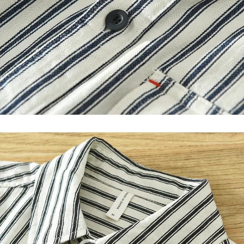 Рубашка в полоску с длинным рукавом в японском стиле в стиле ретро для мужчин, молодежная, 100% хлопок, повседневные свободные рубашки с карманом, мужская одежда на весну/осень