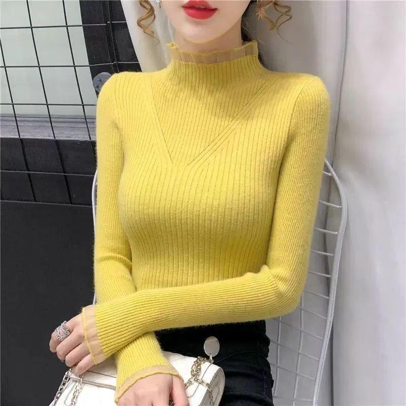 Осенне-зимний свитер с высоким воротом, женский внутренний топ, кружевной лоскутный трикотажный свитер со средним воротом