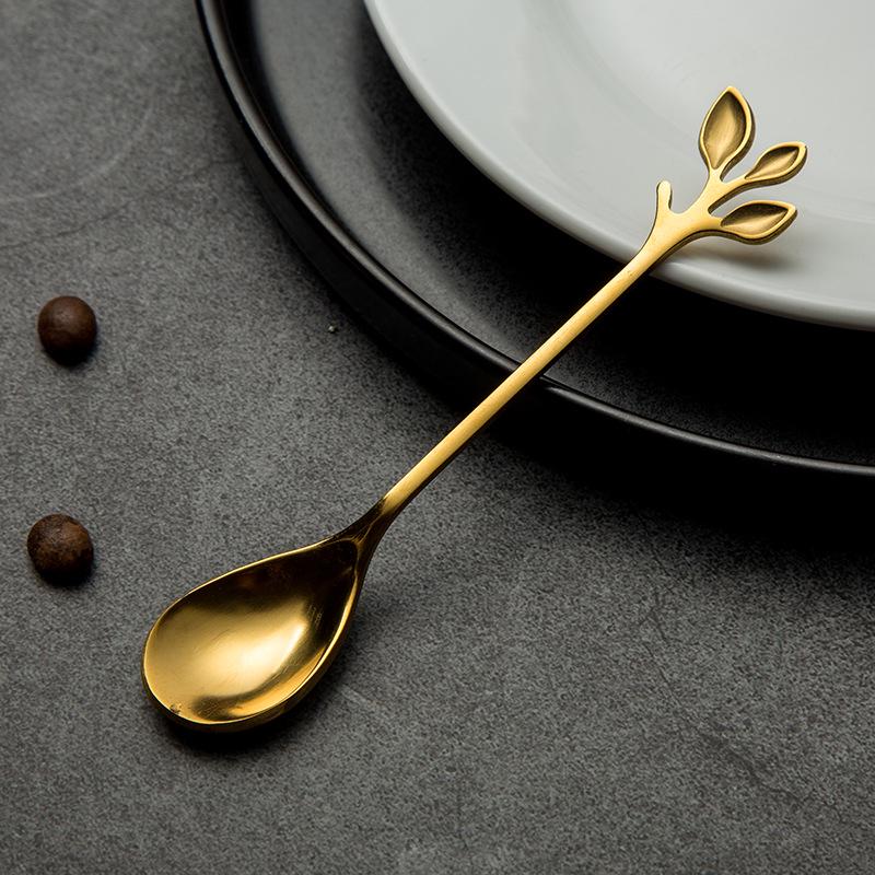 Набор ложек и вилок из нержавеющей стали Golden Leaf — маленькая кофейная, для помешивания, десертная ложка с креативной фруктовой вилкой