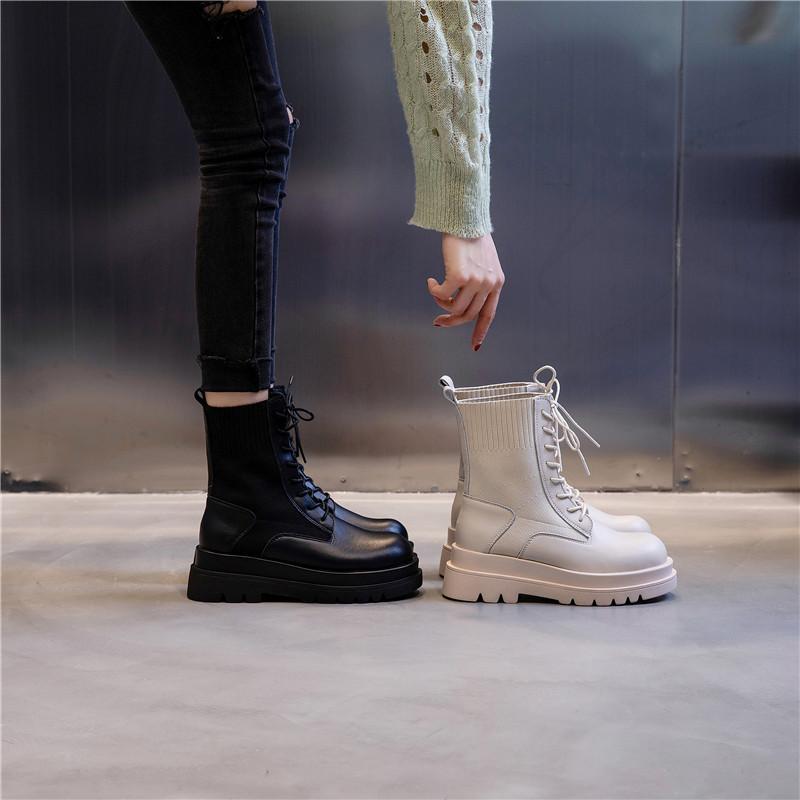 Ботинки женские 2025 новые осень и зима британский стиль платформа ботинки Мартина женские носки средняя труба кожаная женская обувь
