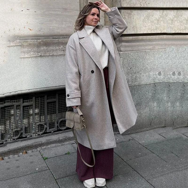 Женская мода шерстяная смесь теплое длинное пальто осень-зима свободный карман двубортный пиджак элегантное пальто с лацканами