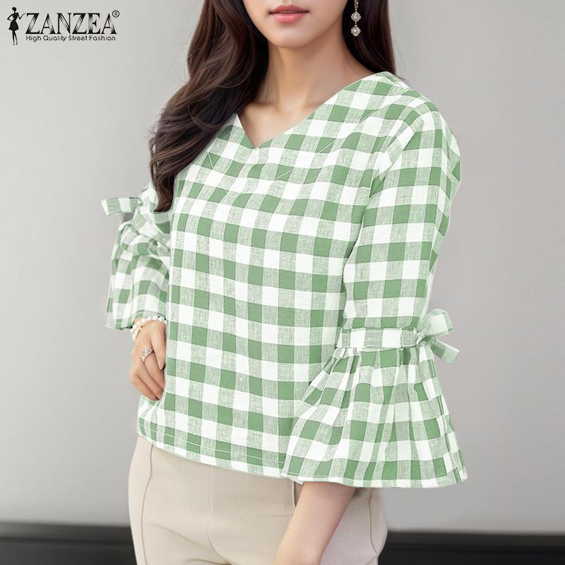 ZANZEA Women Casual V-Neck 3/4 Sleeve Loose Grid Print Blouse