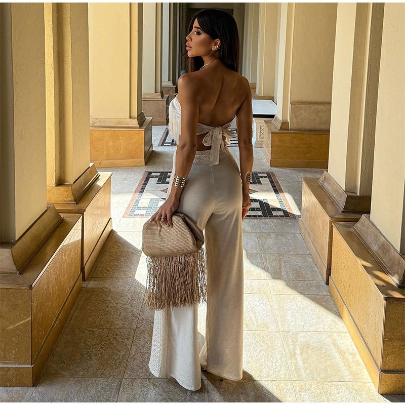 Solid Color Tassel Tube Top Strap Two-piece Sexy Beach Seaside Vacation Ladies Suit 2025 High Waist Wide Leg Pants & Short Tube Top