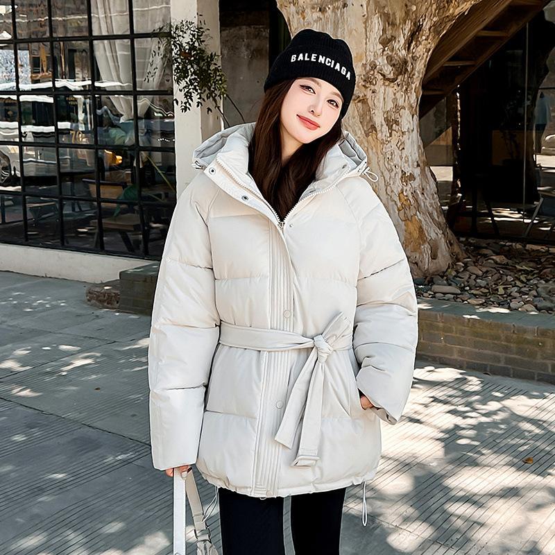 Hooded cotton clothes, women's lace-up waist short coat, a thickened loose cotton coat in autumn and winter
