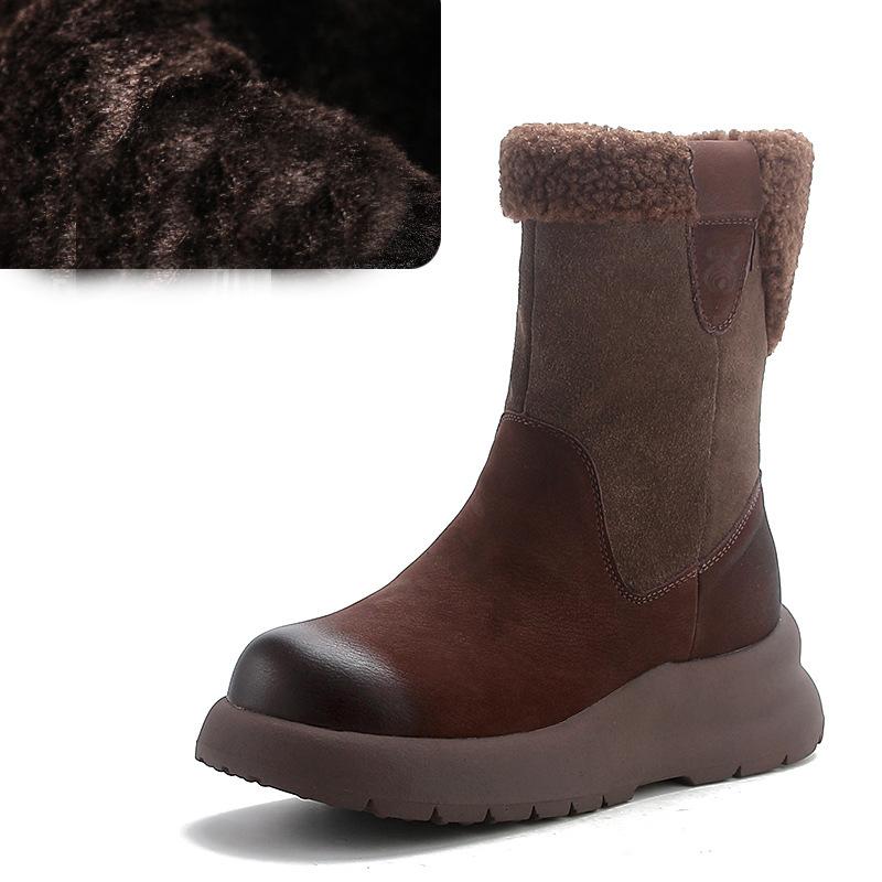 Snow Boots Genuine Leather Plush Warm Solid Color Thick Sole Women's Mid-calf Short Boots