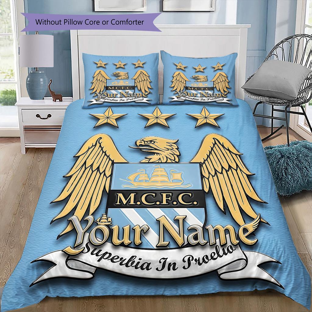 Manchester City F Custom Name Pattern Bedding Quilt Set Quilt Cover Pillowcase Home Birthday Gift(1 * duvet cover + 2 * pillowcase, without core)