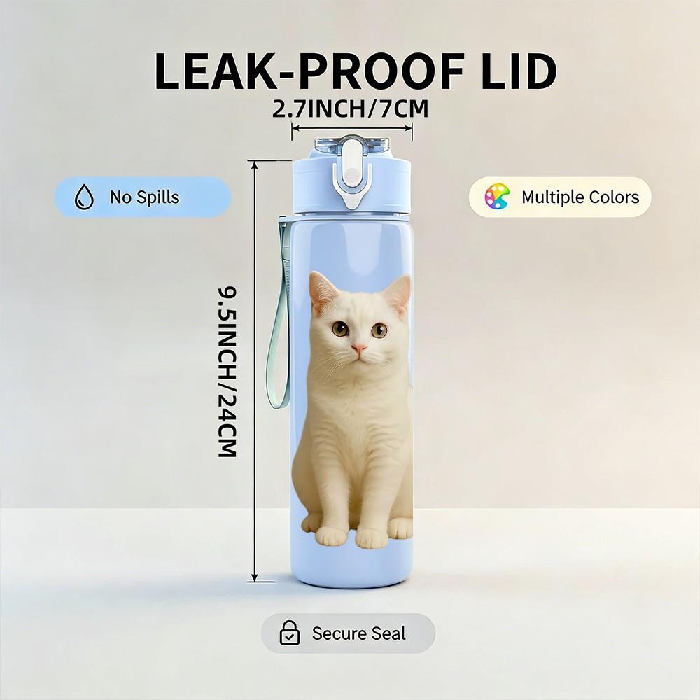 1PC White Domestic Cat Portrait Print 750ml Color Plastic Sports Water Bottle Leakproof Flip Straw Lid Suitable for Sports Office Home Use