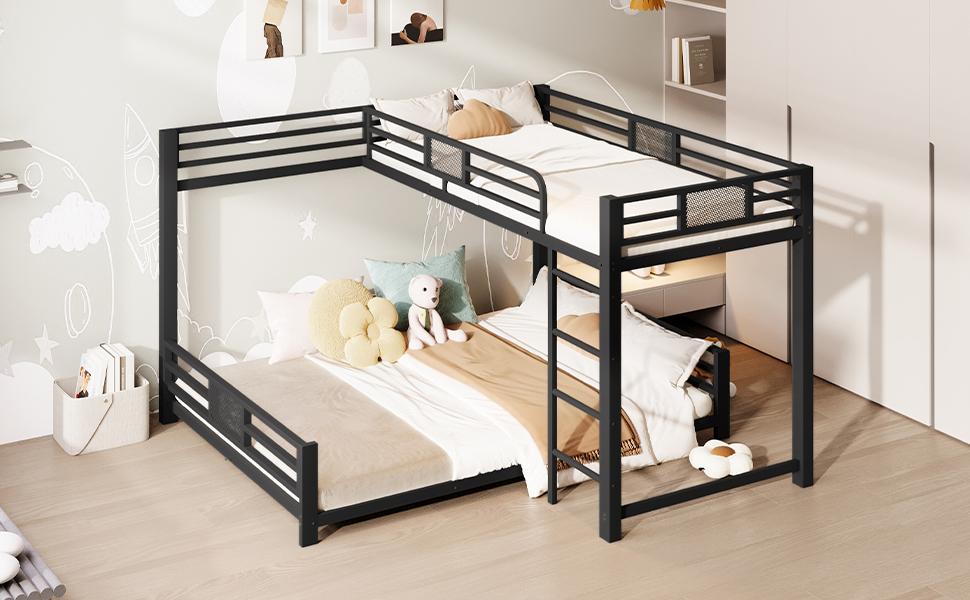 L-shaped Metal Bunk Bed 90x200 over 140x200, Black