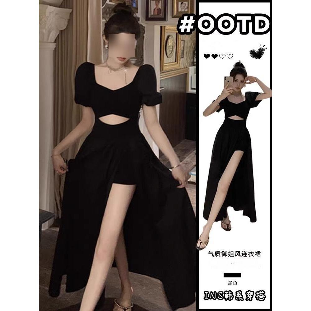 Черное платье детское летнее новое элегантное очарование универсальное с завышенной талией стройнящее с разрезом