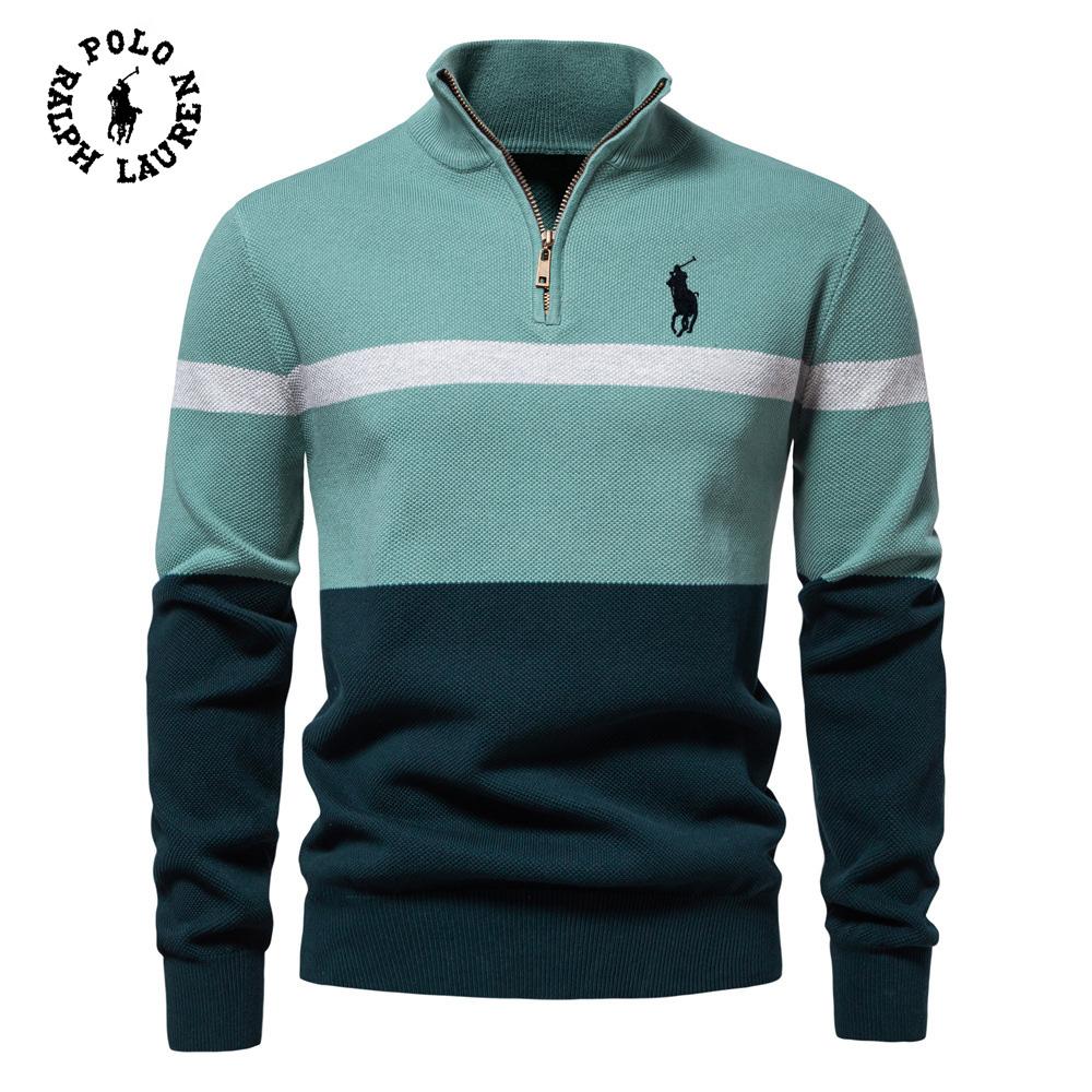 Мужской вязаный свитер Ralph Lauren с вышивкой, новый, большой, с воротником-стойкой, на молнии-половине, в стиле колор-блок