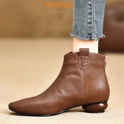 Женские ботильоны с острым носком на каблуке Модная обувь Зимние ретро ботинки Челси Новые для ходьбы Готические Кожаные Мягкие Mujer Botas