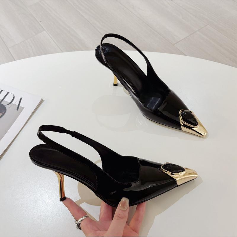 Fashion Metal Jewelry Decorated High Heels Women Sexy Pointed Toe Patent Leather Slingback Heeled Sandals Elegant Party Wedding Shoes