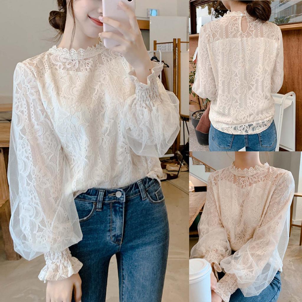 Fashion Women’s Floral Lace Long Sleeve Puff Sleeve Solid Tops