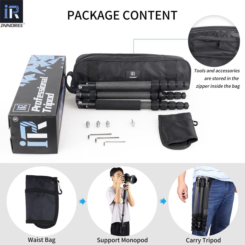 INNOREL Carbon Small and Medium Ultra Light Weight Capacity 5 Adjustable Tube Diameter Center Low Center of Nut Lock Digital SLR Digital Fireworks