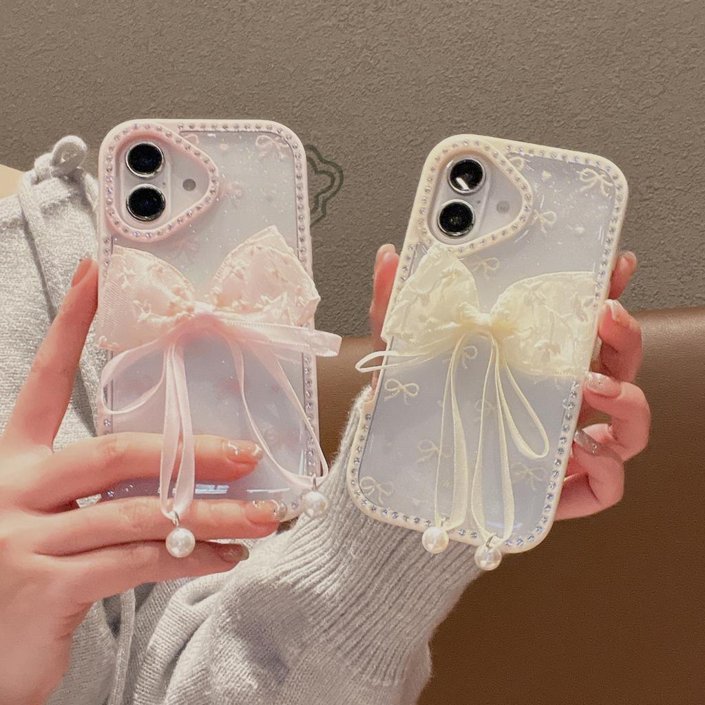 For iPhone 16 Plus Case Two Bow Epoxy Design TPU+PC Phone Back Cover Rhinestone Decor