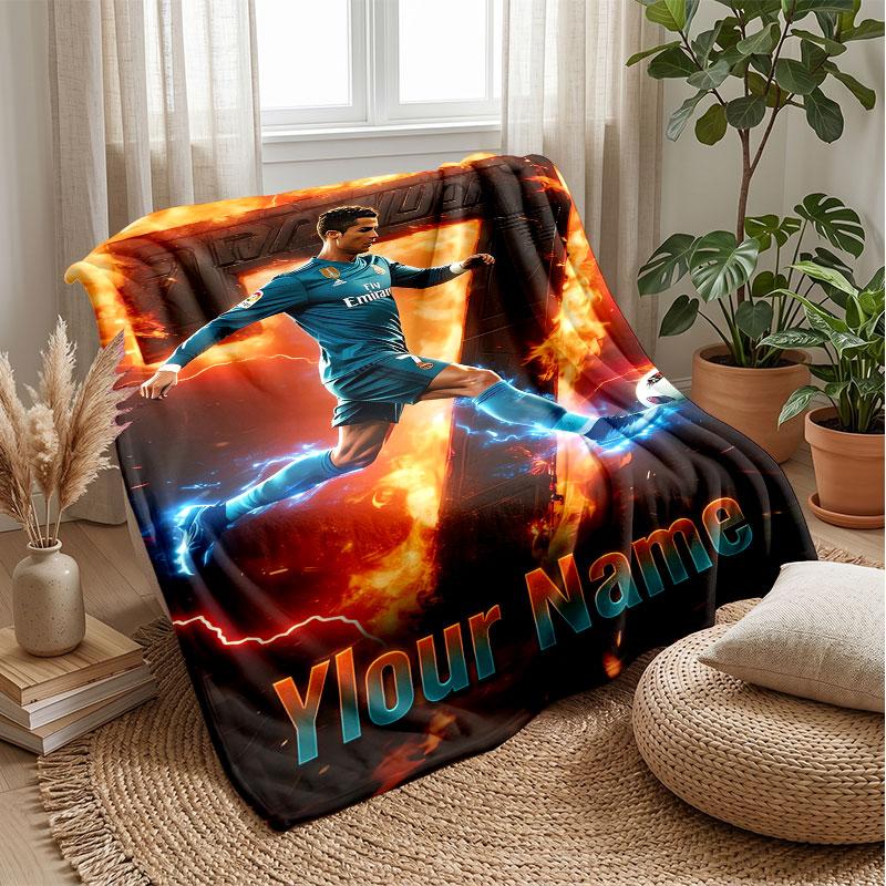 Cristiano Ronaldo Custom Name Text Flannel Blanket Soccer Logo Personalized Fleece Throw Blanket Special Gift For Sofa Bedroom Home