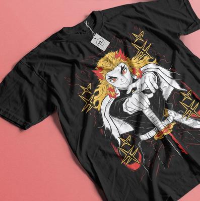Anime Demon Slayer Kyojuro Rengoku Graphic Black T-Shirt All Size