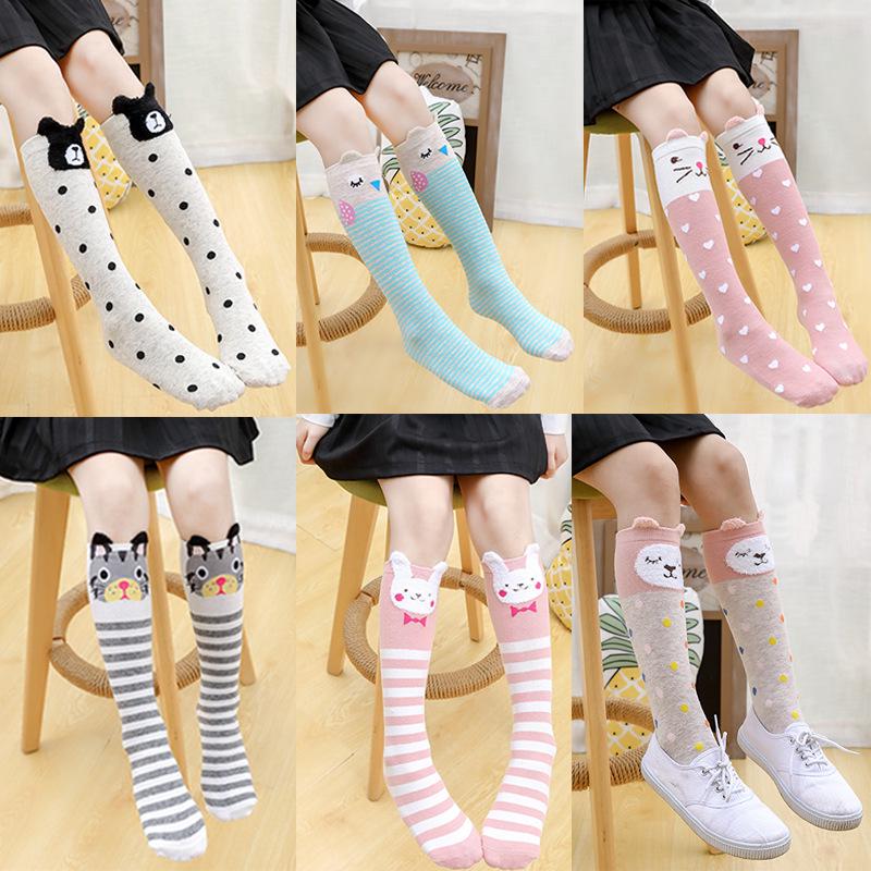 Girls' Cute Cartoon Cotton Knee-High Socks - Japanese Style for Spring & Autumn