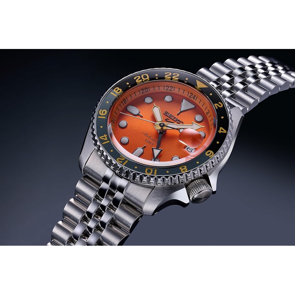 Мужские механические автоматические часы Seiko 5 Sports SSK005KC Серебристо-черный оранжевый циферблат Функция GMT Нержавеющая сталь