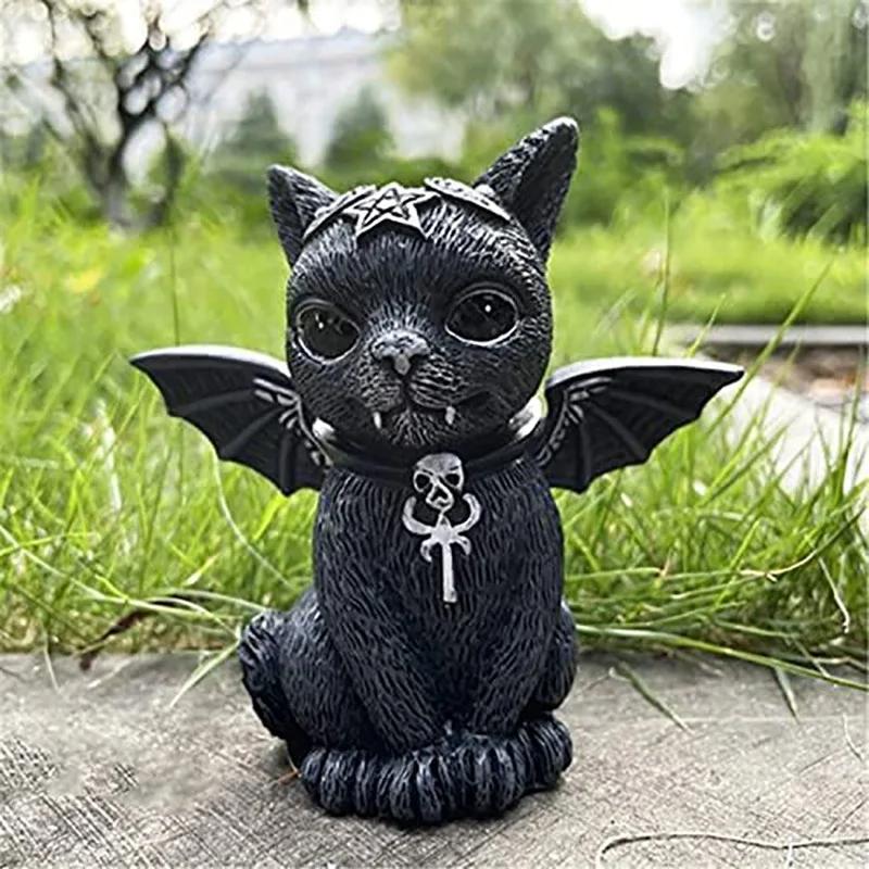1PC Black Cat Statue Mysterious Cute Cat Witch Cat Figurine Witches Decor Desk Ornament Hand-Painted Sculpture for Halloween