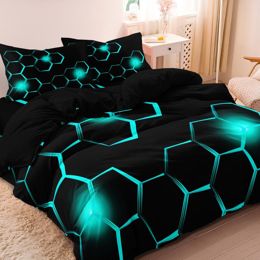 3pcs Geometric 3D Hexagonal Honeycomb Pattern DuvetCover SetDigital Print Colorful Polyester Bedding with Zipper Closure