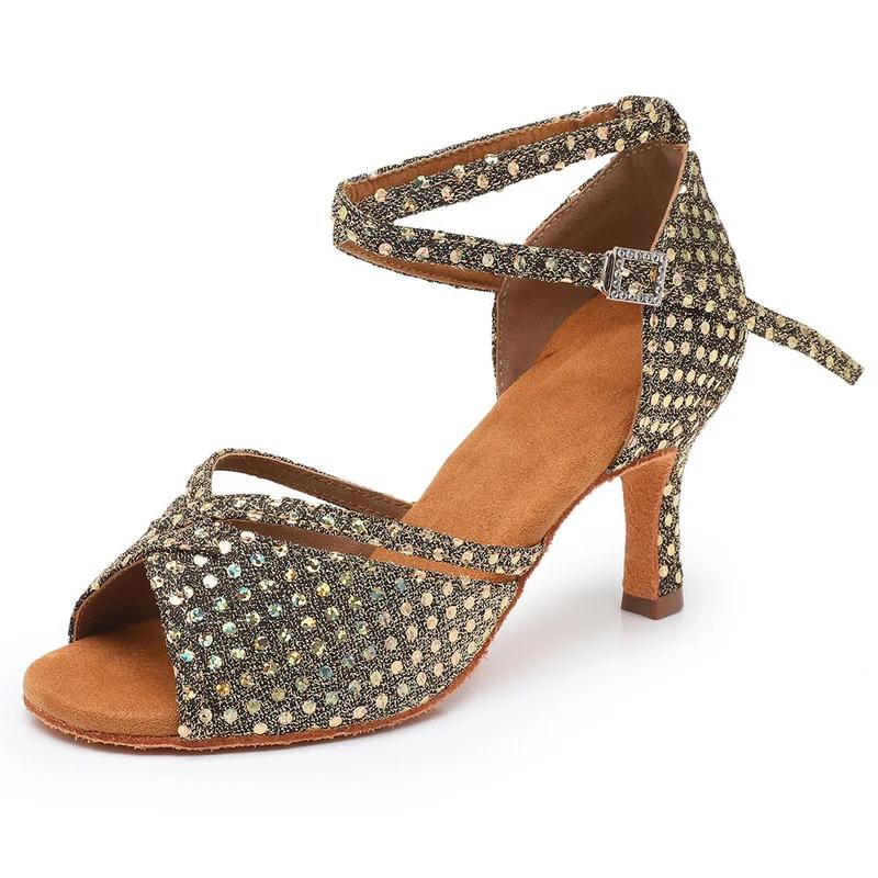 Женские туфли для латиноамериканских танцев со стразами, туфли для танго и бальных танцев, женские туфли на высоком каблуке с мягкой подошвой, сандалии для девочек, свадебные женские туфли