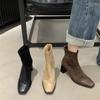 French Vintage Splicing Brown Elastic Skinny Boots Women's Head Back Zipper High Heel Short Boots Small Socks Boots