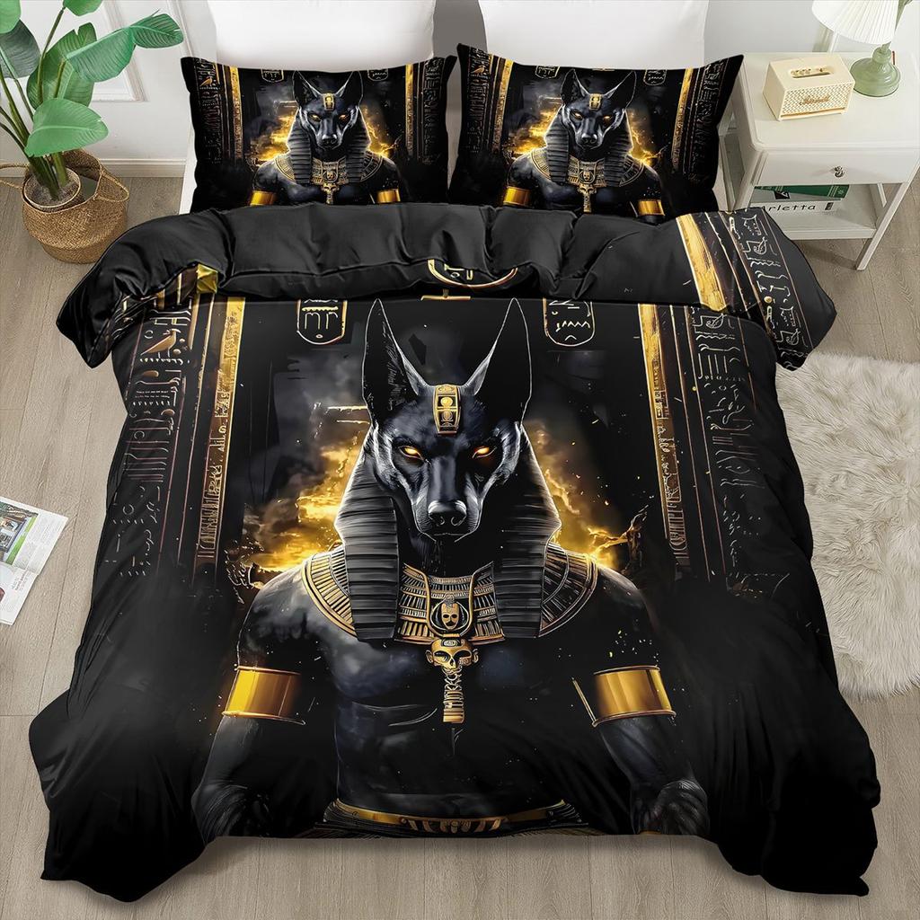 2/3Pcs Egyptian Anubis God Print Duvet Cover Set, 2D Flat Printing King Queen Size Polyester Bedding with Pillowcases