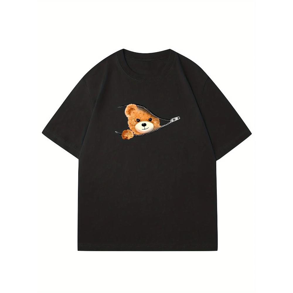 Летняя свободная повседневная стильная футболка с принтом в виде медведя, круглым вырезом и короткими рукавами