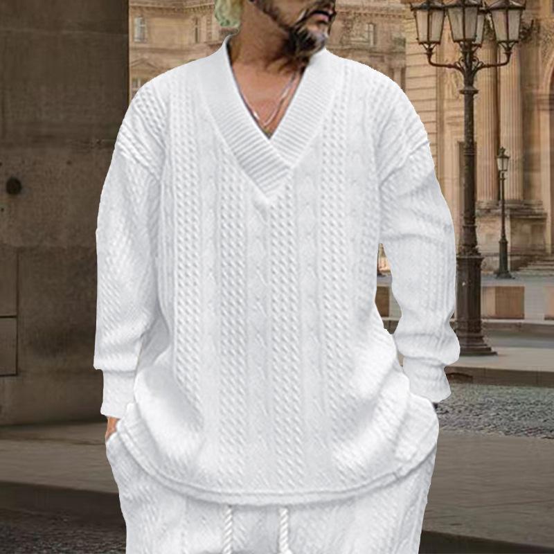 Осень-зима Cross Border Повседневный жаккардовый трикотаж Мужская весенне-осенняя свободная футболка с длинным рукавом Мужские пуловеры с V-образным вырезом Топы