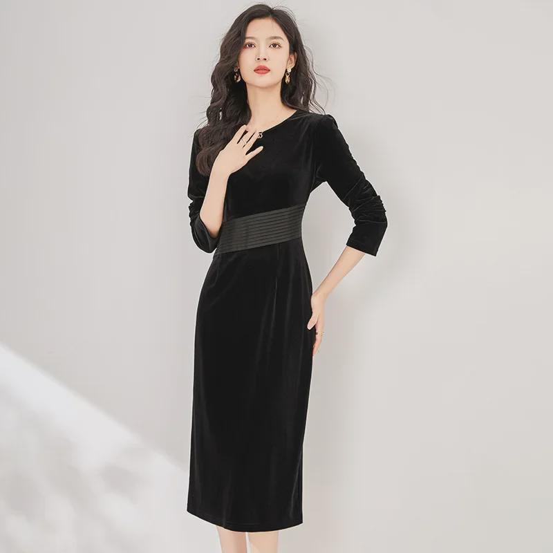 Элегантное бархатное платье: Осень/Зима, узкая талия, плиссировка, круглый вырез горловины