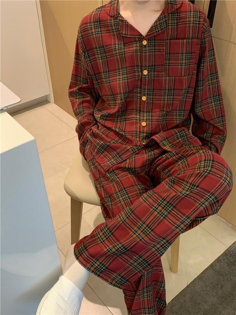 2024 Autumn Loose-Fit Couple Pajama Set - Long Sleeve Christmas Plaid Flannel Homewear