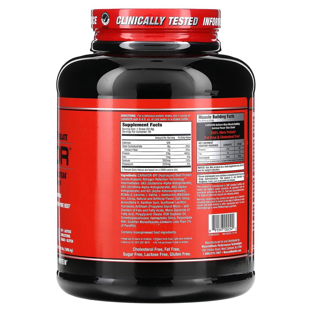 Carnivor, Bioengineered Beef Protein Isolate, Chocolate Flavor, 1,898.4G (4.19Lb)