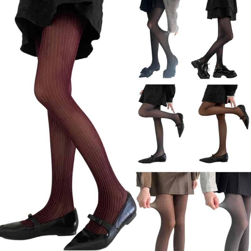 Women Thin Colored Stockings Shimmering Striped Sexy Semi Sheer Pantyhose Tights