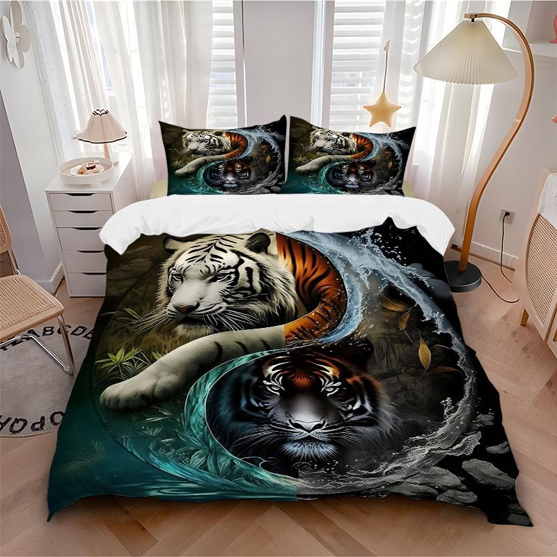3pcs The Dual Nature of Tigers in Water and Fire Pattern Bedding Three-Piece Set (1 Cover + 2 Pillowcases, No Fillings), This Printed Bedding Set