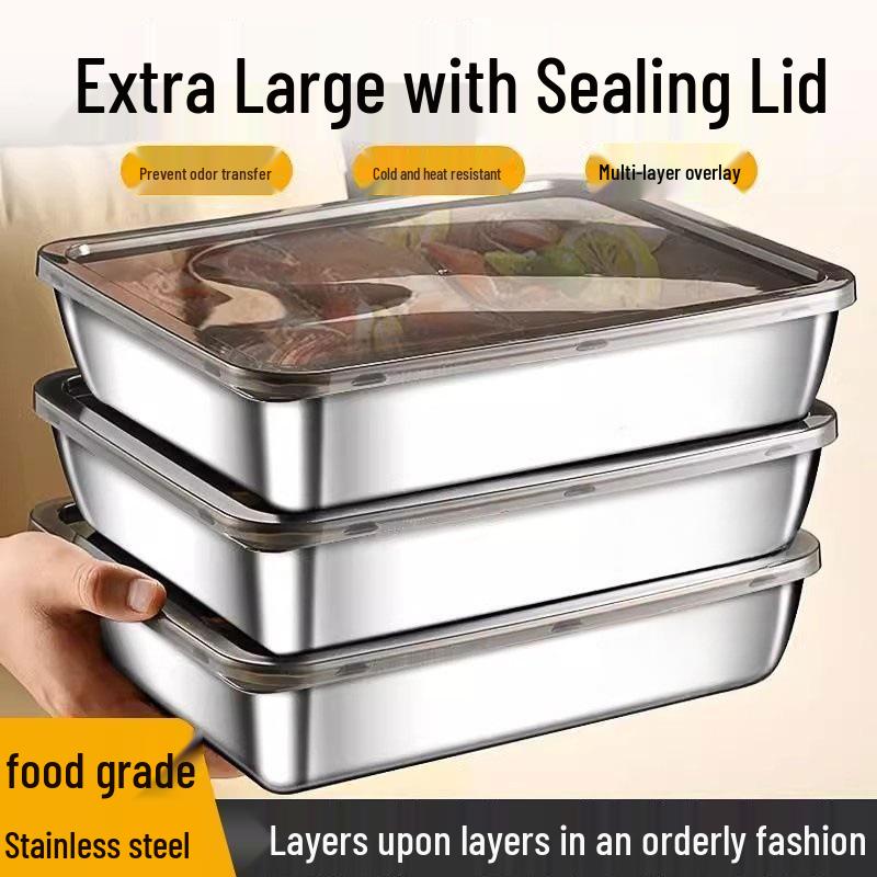 Stainless Steel Rectangular Food Storage Container with Lid for Fresh-Keeping, Hot Pot, and Picnic.