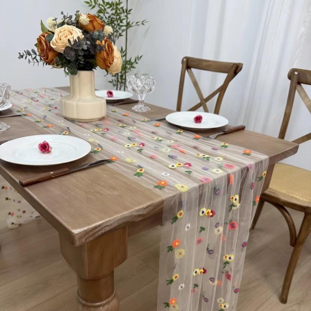 Semi-Transparent Tulle Table Runner Boho Floral Tablecloth Embroidery Daisy Table Runner  Party