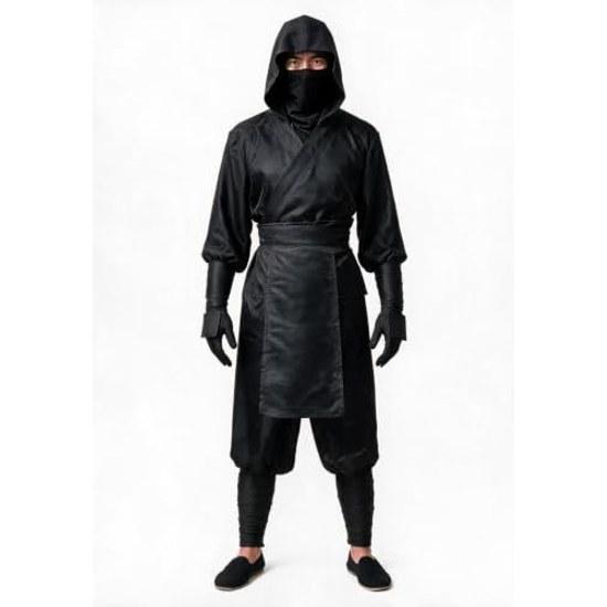 Socpuro Authentic Ninja Cosplay Halloween Outfit Black Top Bottom Set Hood Headband Arm Guards Belt Costume Samurai Attire Unisex Cultural Festival