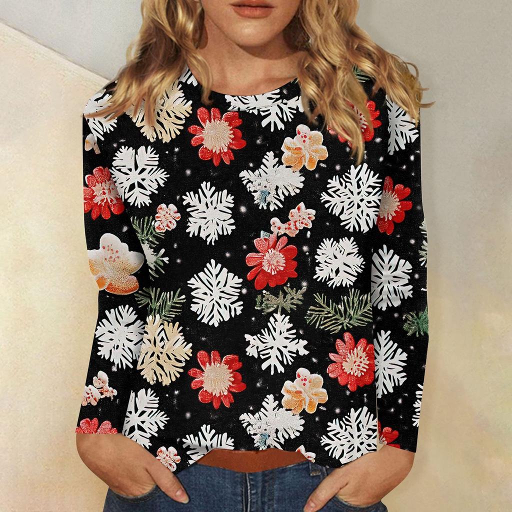 Женская мода повседневный рождественский принт круглый вырез длинный рукав пуловер топ