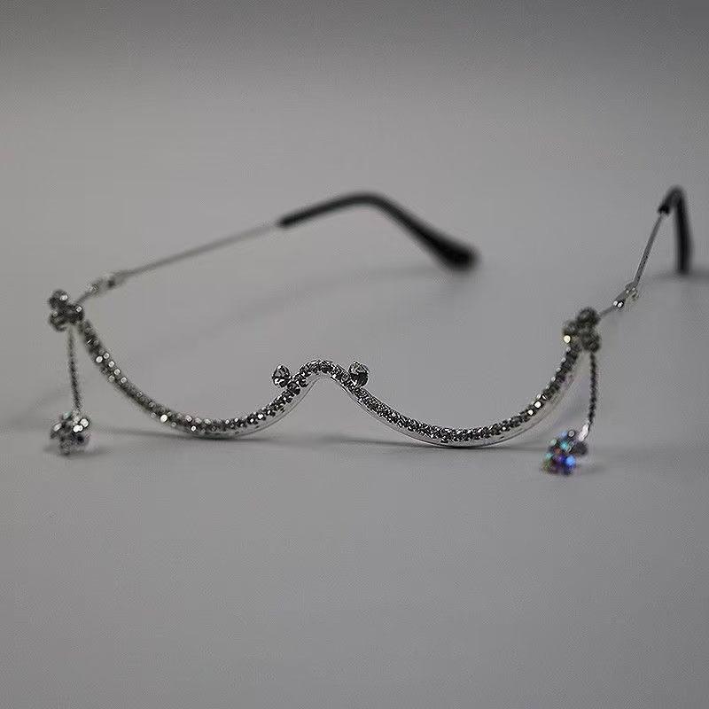 Crystal Rhinestone Half Frame Glasses No Lens Luxury Silver Diamond Eyewear Aesthetic Tassel Pendant Sexy Party Decor Jewelry