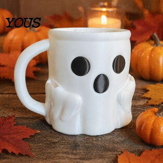 Halloween Party Drinkware Ice Cream Mug with Spoon Holder, 3D Printed Cute Ghost Mug, Shaped Coffee Drinking Cup Pen Holder Decor, Christmas Birthday