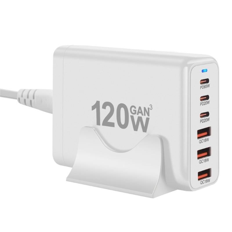 Портативная зарядная станция USB мощностью 120 Вт с 6 портами, 3 Type C PD и 3 USB A для одновременной зарядки телефонов, планшетов и других устройств